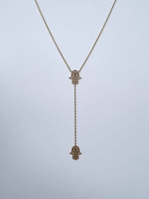 Yellow Gold Hamsa Lariat Necklace w/ Blue Sapphire